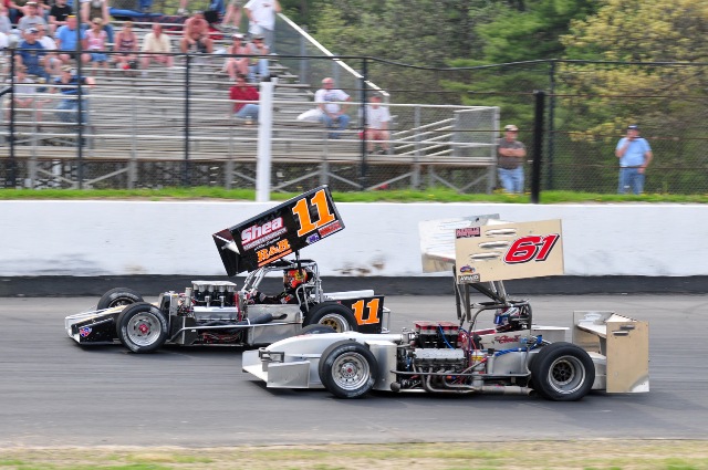 9389 – Dave Shullick Jr. and Chris Perley, who shared 7 ISMA feature wins in 2009, race at Albany-Saratoga’s ISMA opener Sunday.